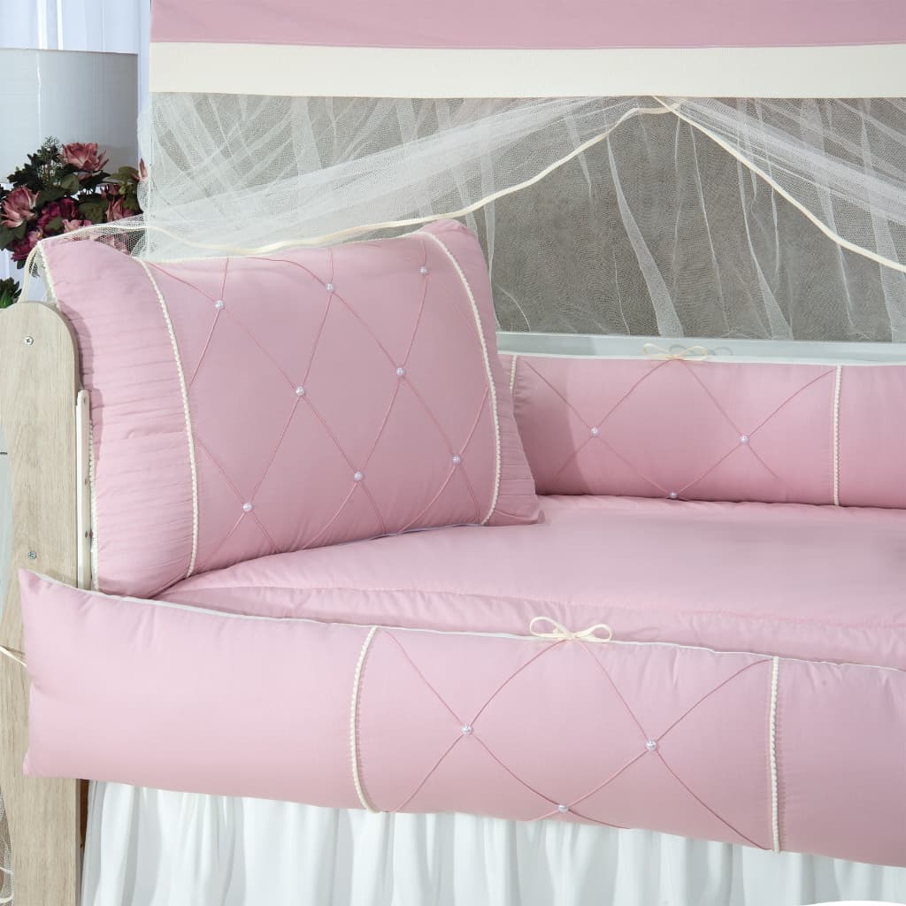 KIT ENXOVAL PARA BERÇO BEBÊ LISO ROSÊ 405 PÉROLAS LUXO COM BABADO BERÇO