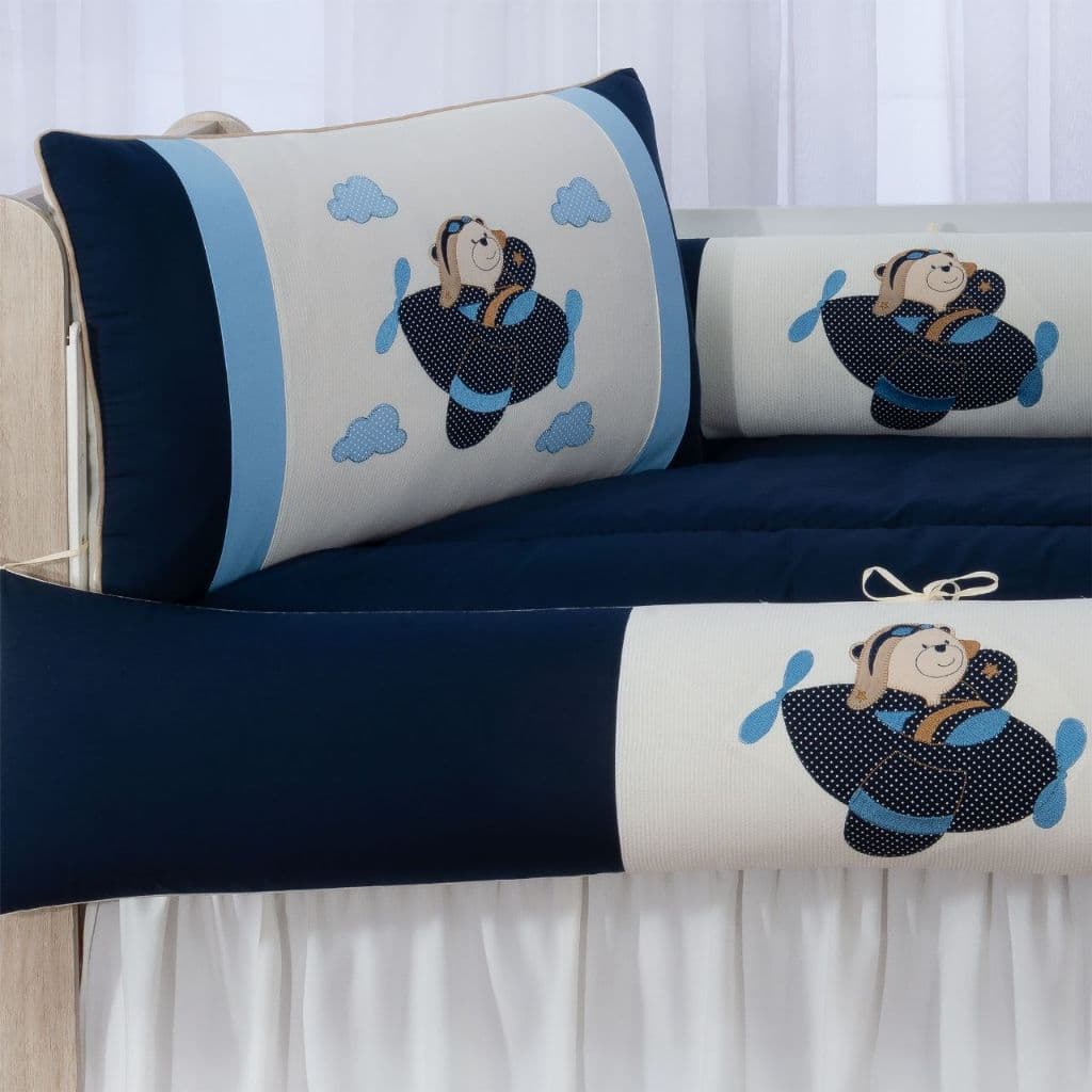 KIT PARA BERÇO BEBÊ AVIÕEZINHOS 506 MARINHO AZUL COM BABADO BERÇO