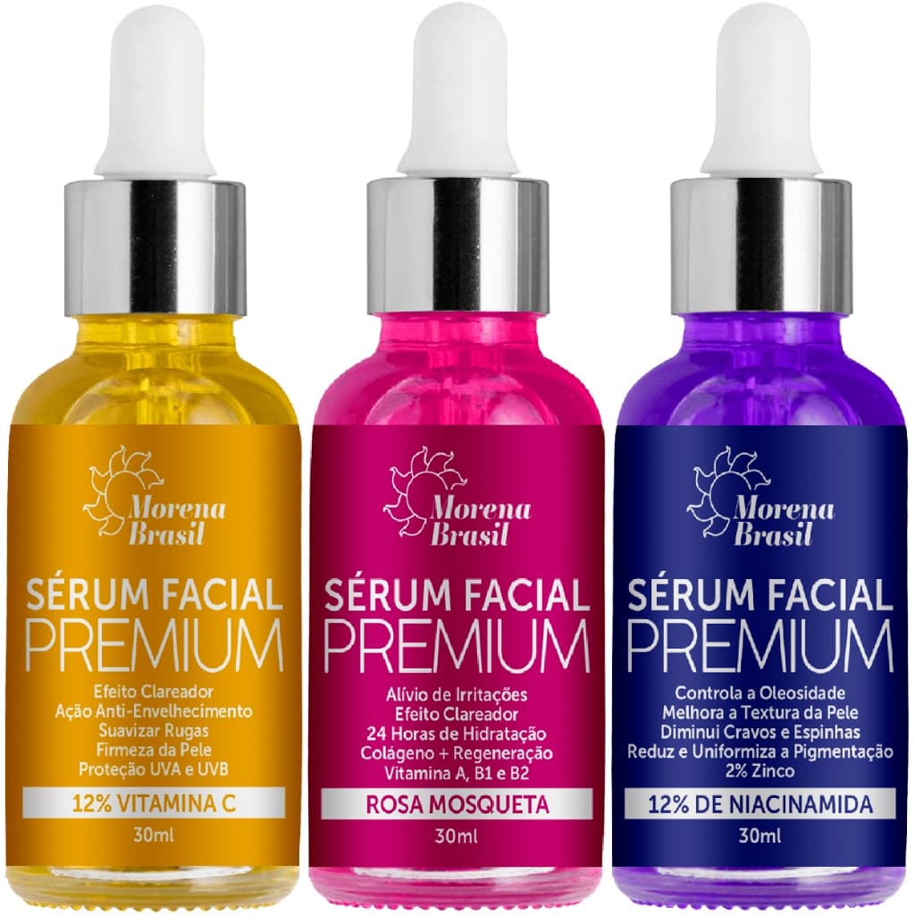 KIt 3x Sérum Premium | 🌹 Rosa Mosqueta + 💛 Vitamina C-10 & 💜 Niacinamida