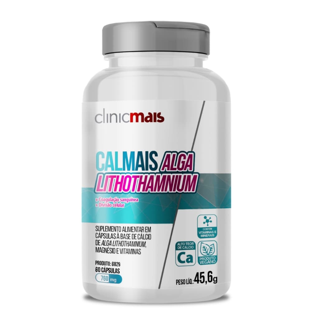 Cálcio, Magnésio, Vitamina D3 - Calmais Alga Lithothamnium 60 cápsulas 760mg Clinicmais