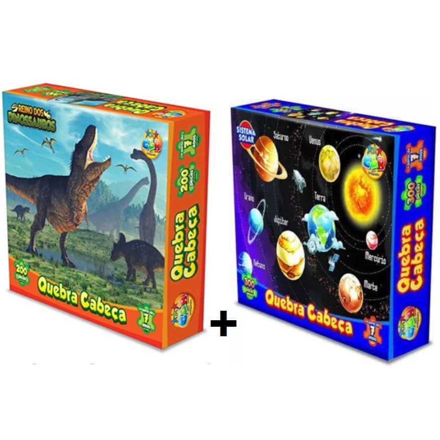 2 Quebra Cabeça Reino dos Dinossauros 200 pcs + Sistema Solar 300 pcs GGB Brinquedos Educativos para Meninos e Meninas  Presente de Aniversário dia das Crianças Brinquedo Presente de Natal