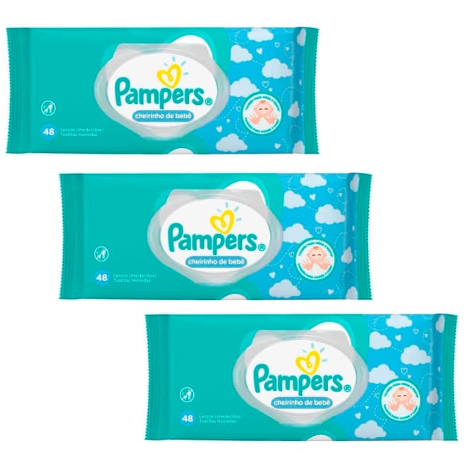 Lenço Umedecido Pampers Cheirinho de Bebê kit 3 pacotes c/ 48 Unid