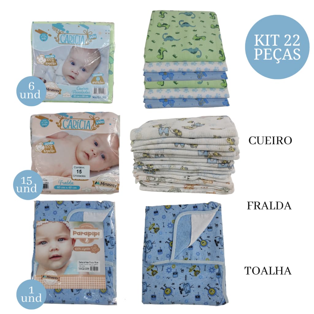 Kit Carinho Panos Enxoval de Bebê : Toalha de Banho, Kit 6 Cueiros e 15 Fraldas de Pano- Azul