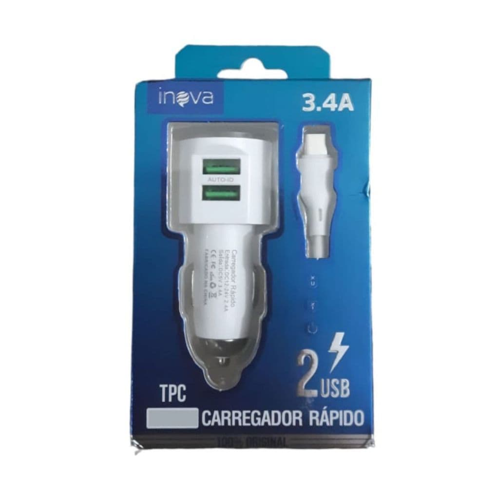 Carregador Veicular Automóvel - 2 USB 3.4A -Carregador de Carro Carregador USB Tipo C