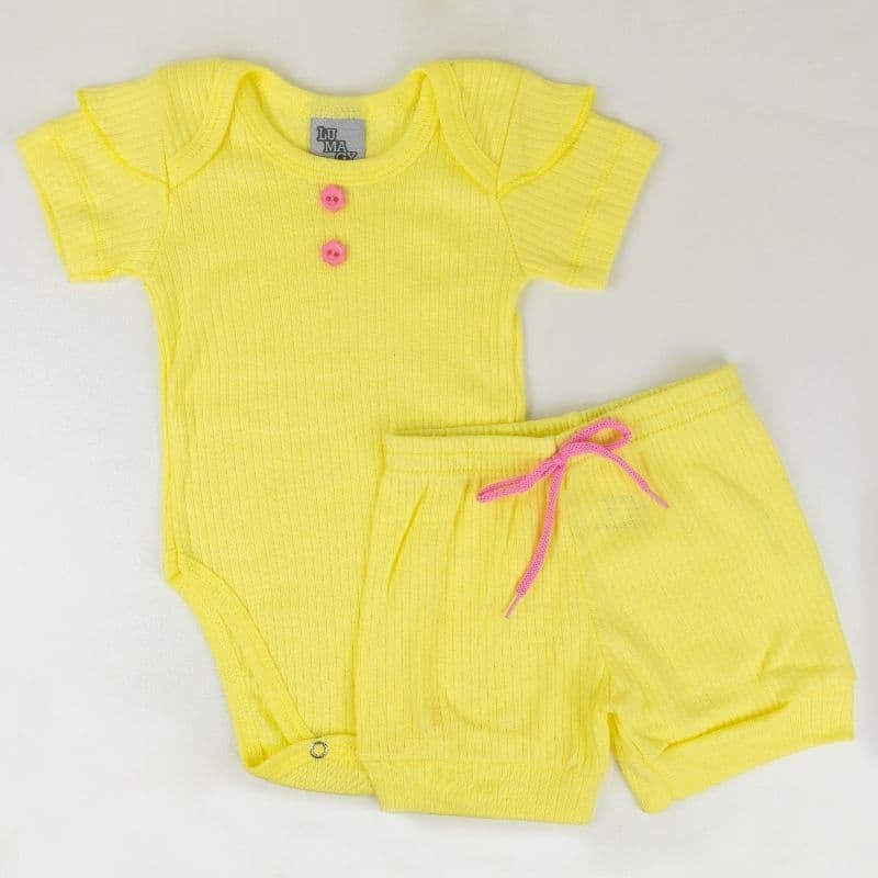 Conjunto kit body verao bebe menina com duas peças body manga curta e shorts bombachinha