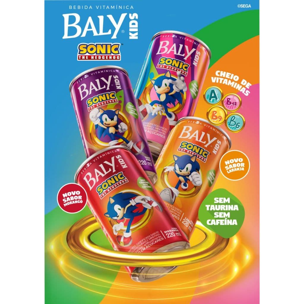 Energético Baly Kids Sonic the Hedgehog Tutti Frutti Uva Laranja Morango 220ml Lata