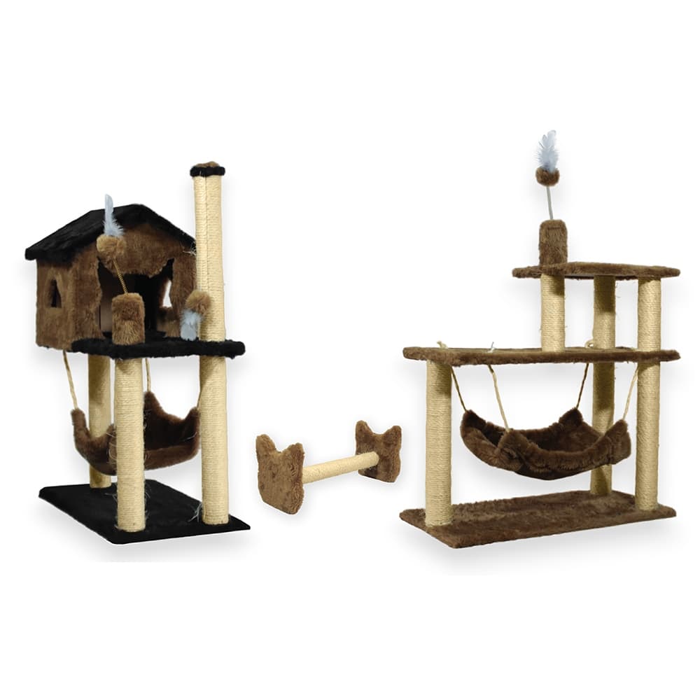 Arranhador para Gato Brinquedo Casinha Grande KIT 3 em 1 Casinha COM REDE + Poste Horizontal + 3 Bases  - Miupet
