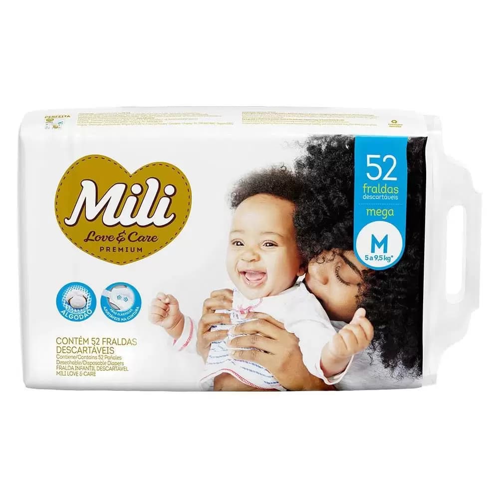 Fralda Descartável Infantil Bebê Mili Love e Care Tamanho M com 52 Unidades
