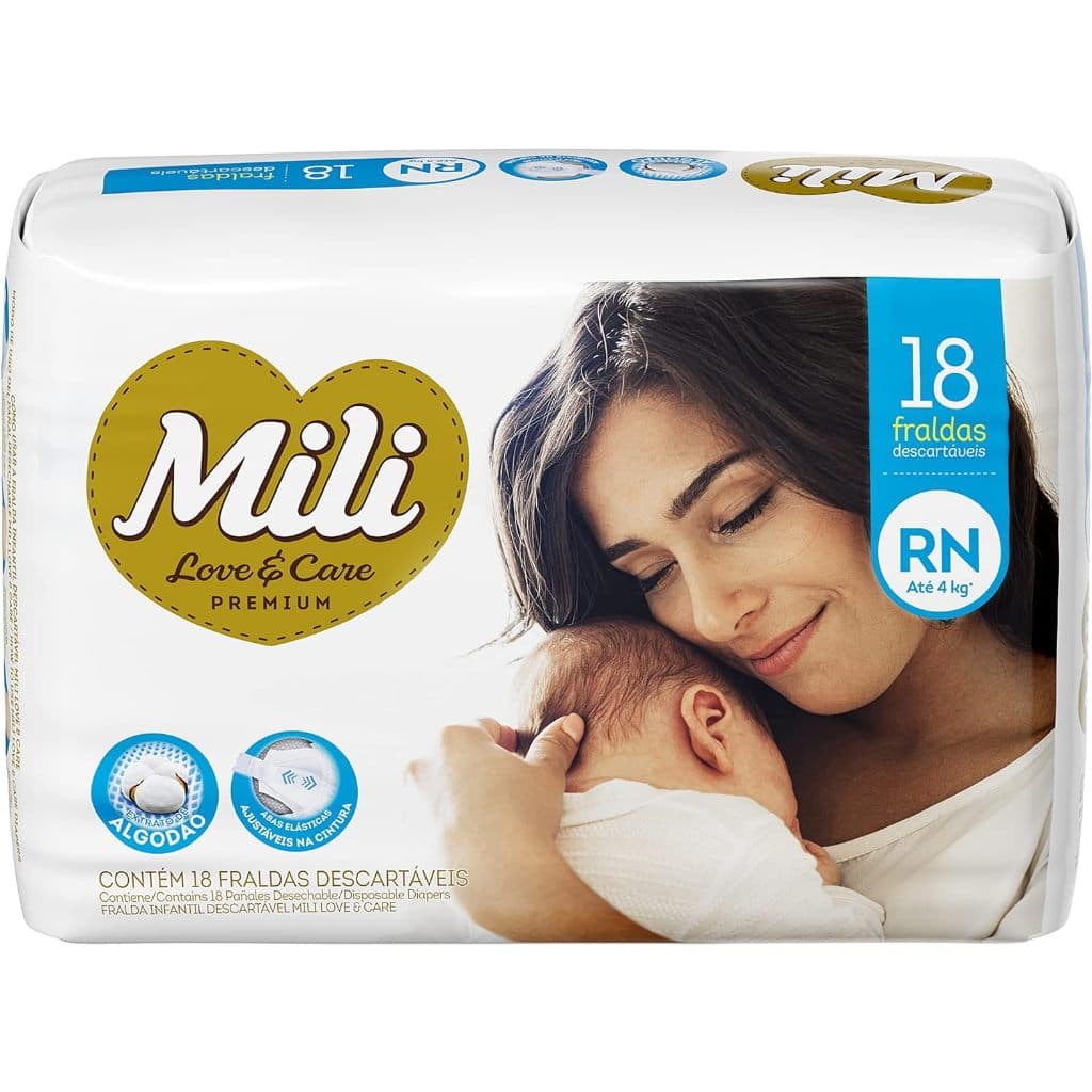 Fralda Descartável Infantil Bebê Mili Love e Care Tamanho RN Recém Nascido Com 18 Unidades