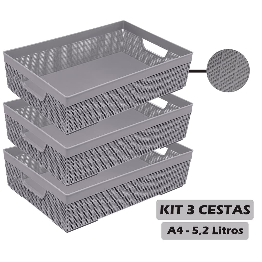 Kit 3 Cesta Organizadora A4 Multiuso 5,2l Reforçada Jaguar Banheiro Geladeira Armario Cozinha Caixa