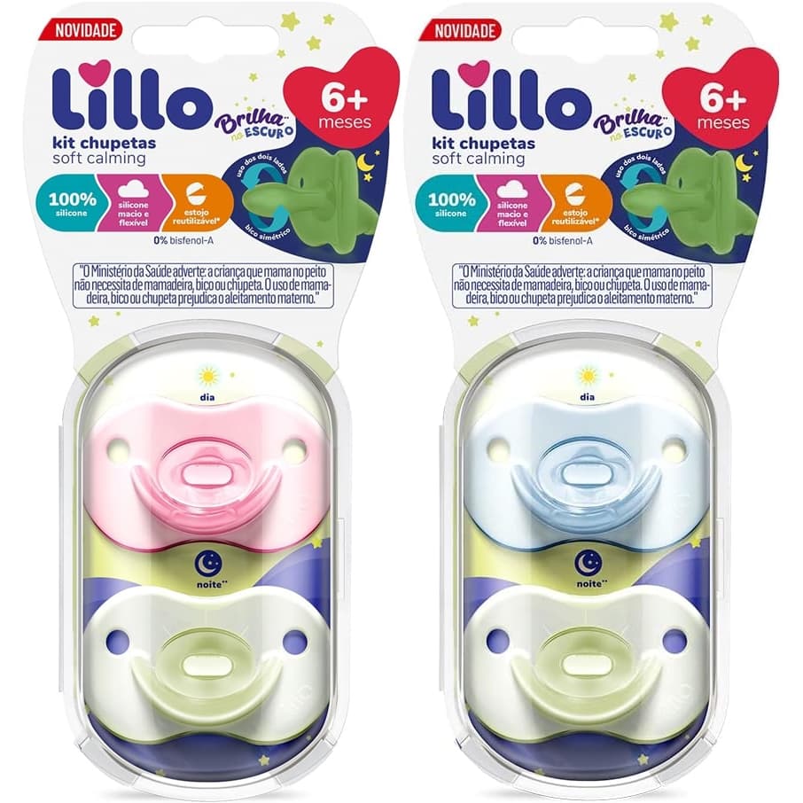 Kit 2 Chupetas Lillo 100% Silicone Calming Soft Night 6 a 18 Meses Brilha no Escuro