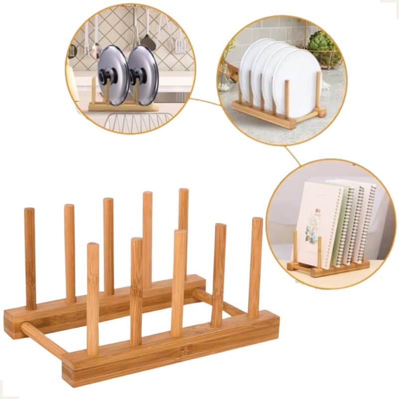 Suporte 4 Divisórias Bambu Natural Multiuso Organizador Louças Livros Pratos Copos