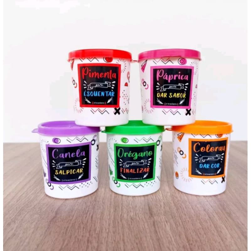 kit porta tempero 5 potes 200 ml  com tampa decorado para armazenar condimentos organizador multiuso cozinha