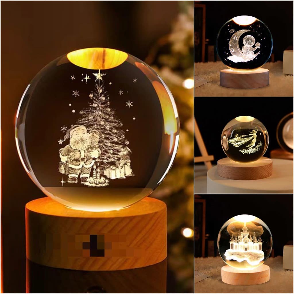 Mini Luminária Led Globo De Vidro 3D Com Cabo USB Com Base de Madeira LED Figuras
