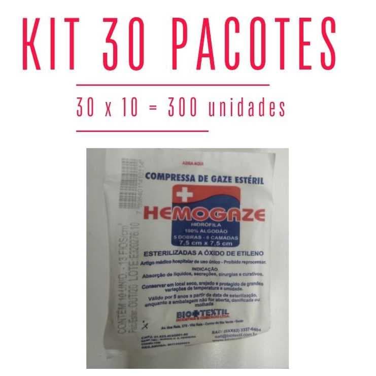 Compressa de Gaze Estéril Hidrófila 13 fios 7,5cm x 7,5cm (Kit 30 pct x 10 und= 300unidades)