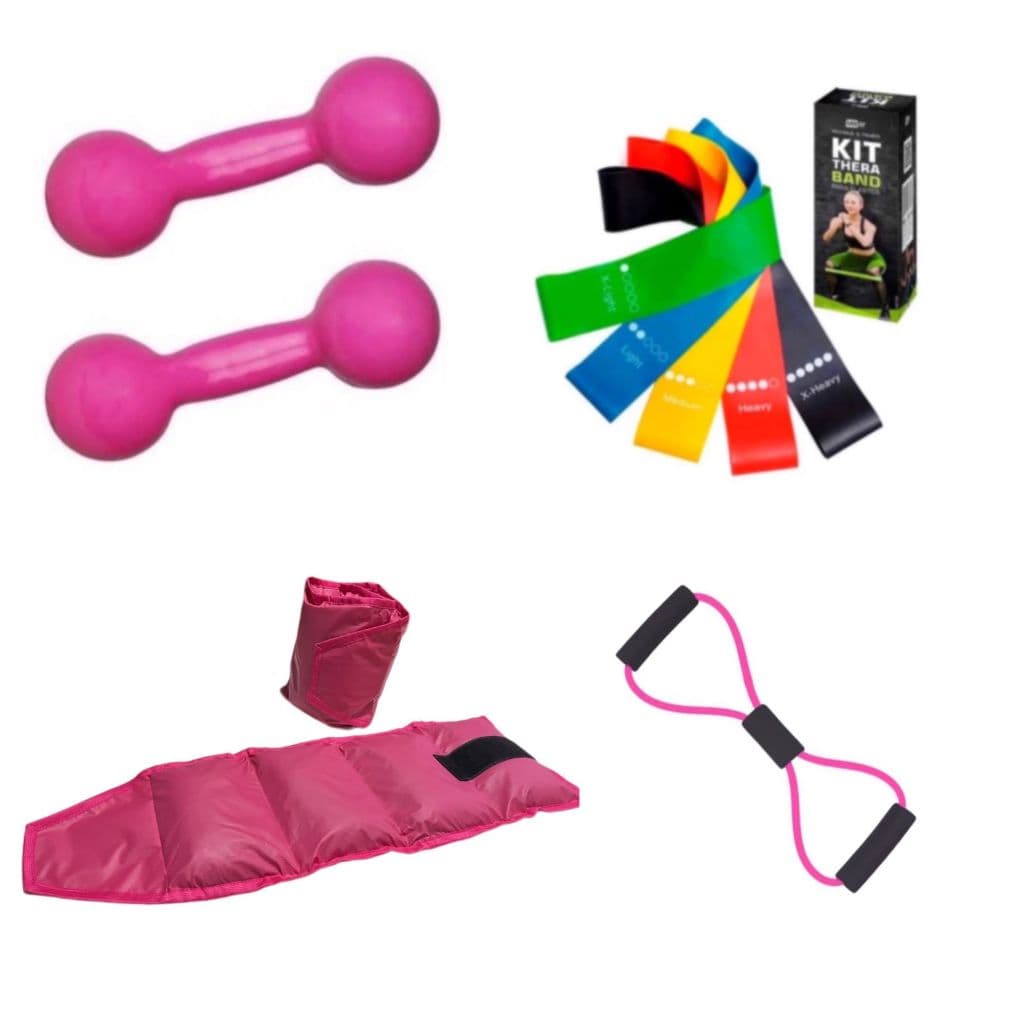 Kit Treino Halter 1 Kg Rosa + Caneleira 1 Kg Rosa + Kit Theraband + Elástico Multifuncional