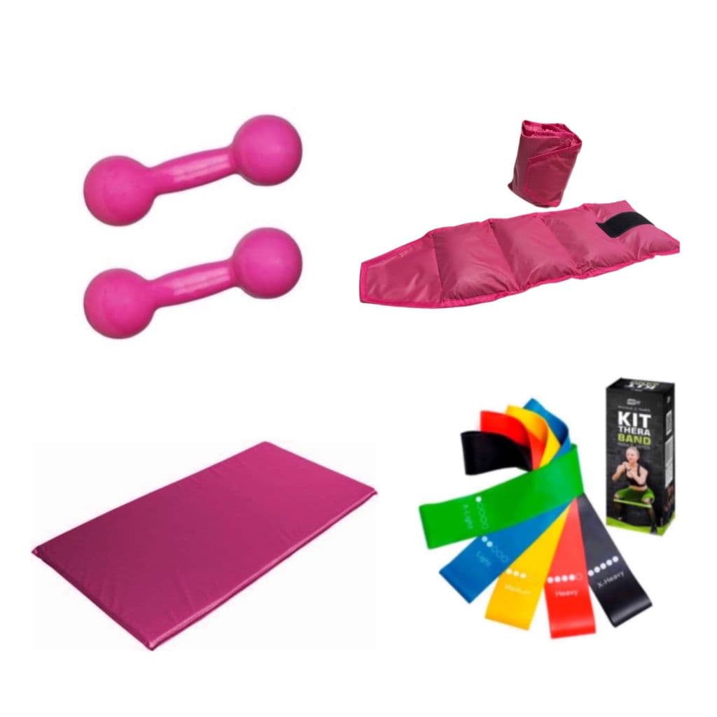 Kit Treino Em Casa Halter 2 Kg + Caneleira 2 Kg + Colchonete + Kit Theraband