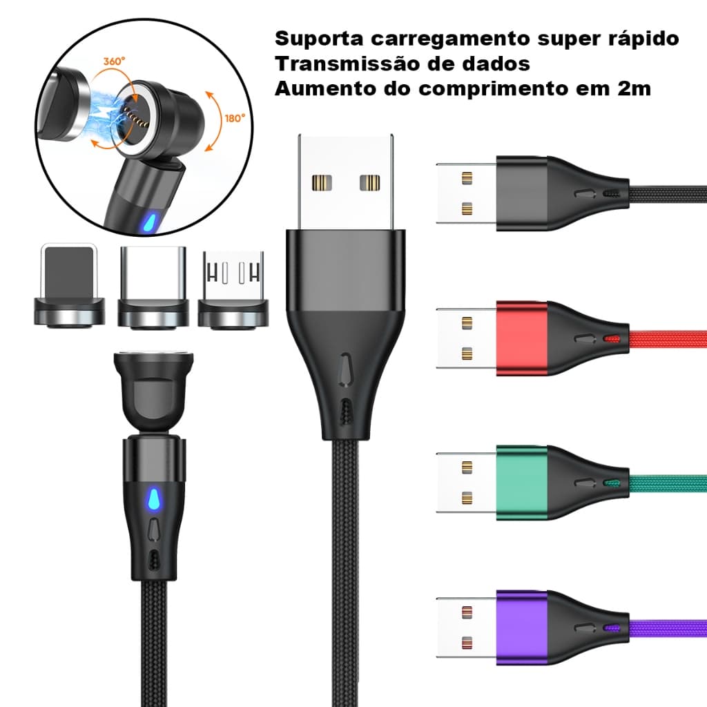 Cabo Carregador Magnético 3 Em 1 Carregamento super rápido de 3A com transferência de dados, função de rotação de 540°