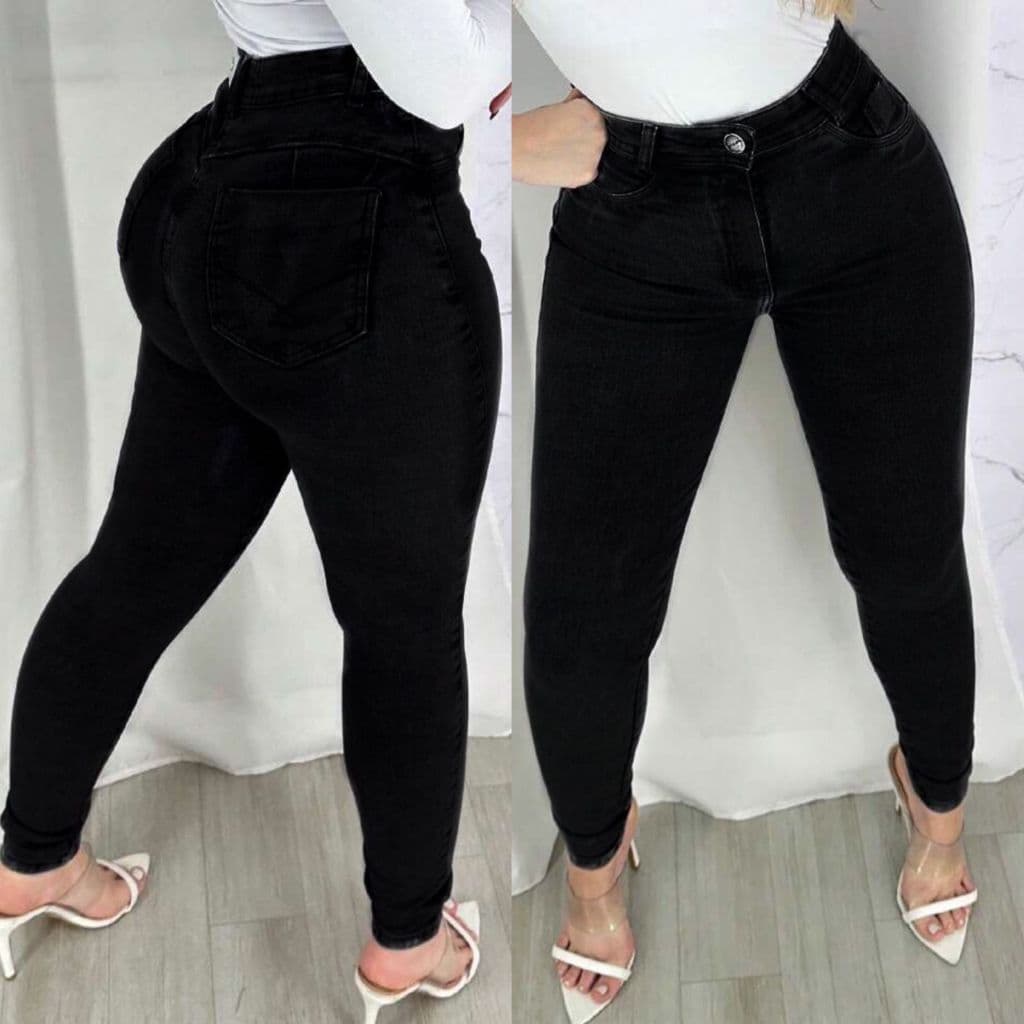 Calça Jeans Preta Feminina Skinny Cintura Alta com Lycra Levanta Bumbum