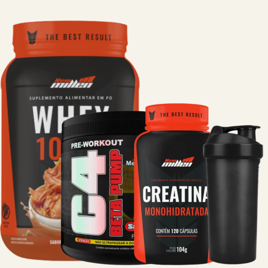 Kit Suplementos 1x Whey Protein 100% Pote 900g + Creatina Monohidratada PURA 120 Caps + C4 Beta Pump Pré Treino 225g + Coqueteleira shaker