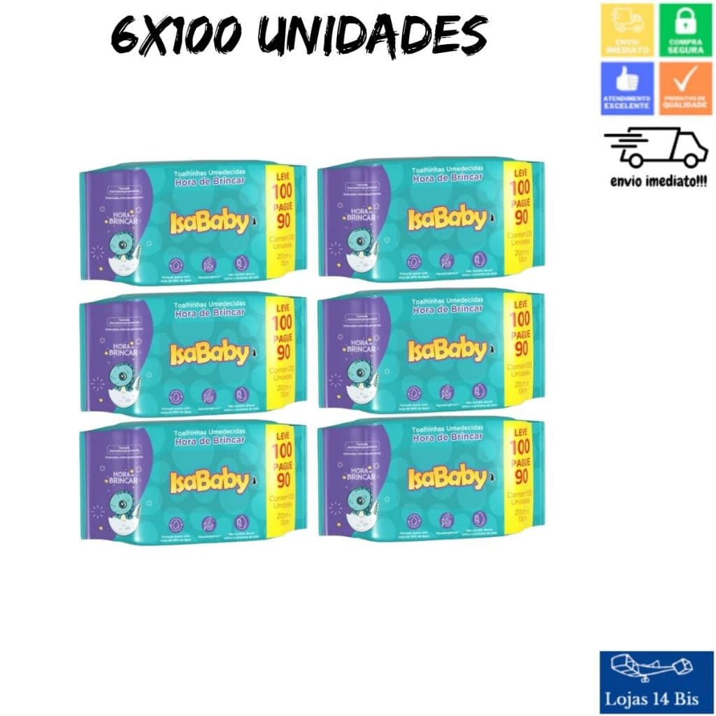 6 Toalhas Lenços Umedecidos Infantil Hora de Brincar Com 100 Unidades Isababy