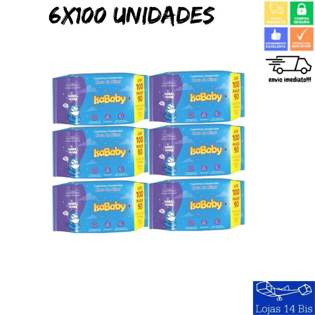 6 Toalhas Umedecidas Lenços Infantil Hora de Ninar Com 100 Unidades Isababy