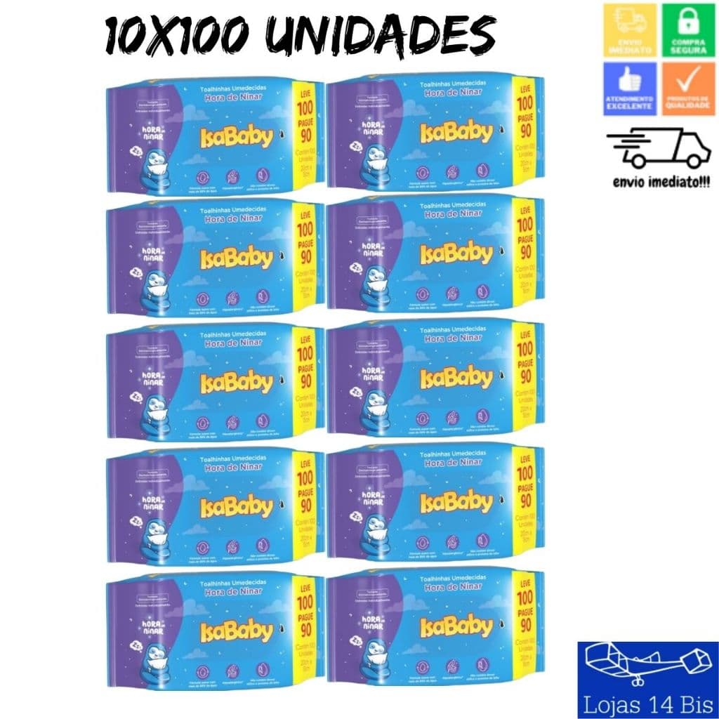 10 Toalhas Umedecidas Lenços Infantil Hora de Ninar Com 100 Unidades Isababy