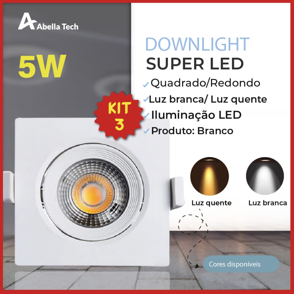 3 Luminária Spot Led Quadrado Direcionável 5W Embutir Gesso Teto | Branco Frio 6500K (Luz Branca) | Branco Quente 3000K (Luz Amarela) Bivolt Spot Super LED Downlight Pronta Entrega