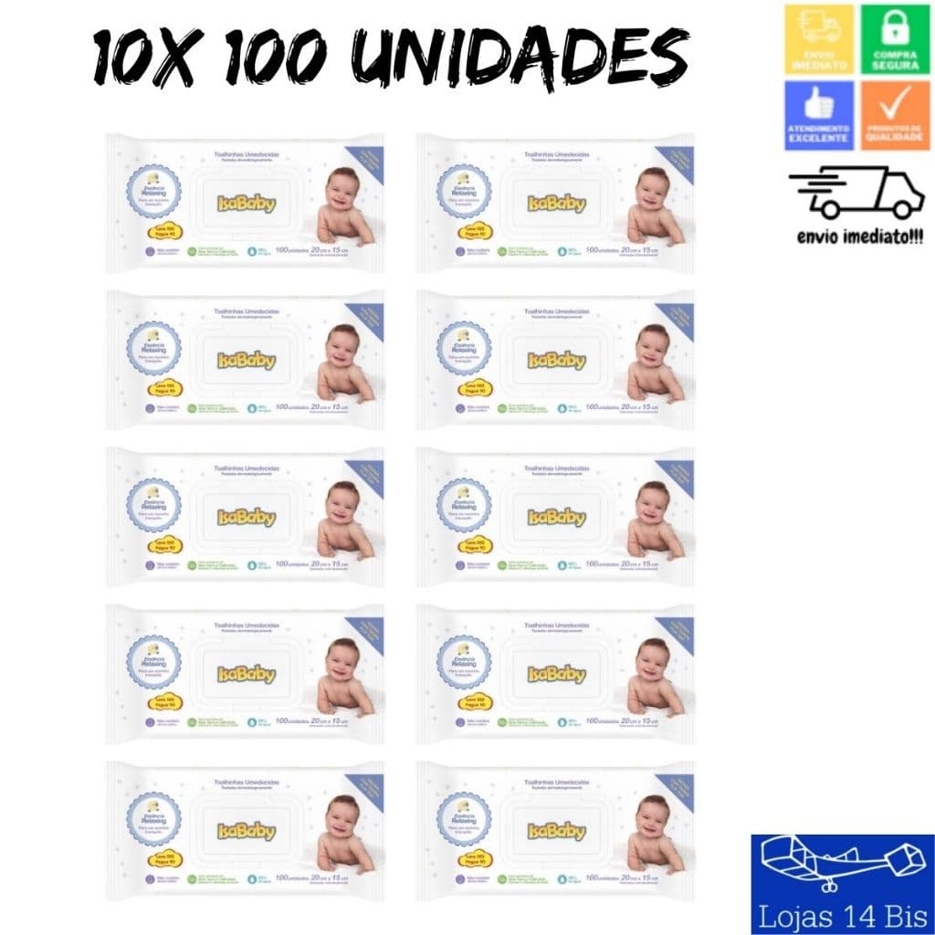 Kit 10 Toalhas Umedecidas Lenço Infantil Isababy Tradicional com 100 Unidades Tampa Flip Top