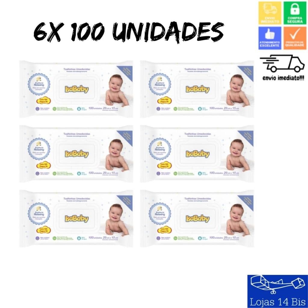 Kit 6 Toalhas Umedecidas Lenço Infantil Isababy Tradicional com 100 Unidades Tampa Flip Top