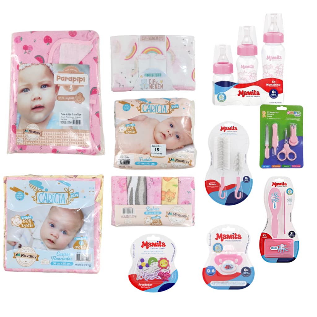 Kit Enxoval de Bebê 43 Peças: Cueiros, Toalha , Babetes, Kit Manicure , Mamadeiras, Fraldas e outros
