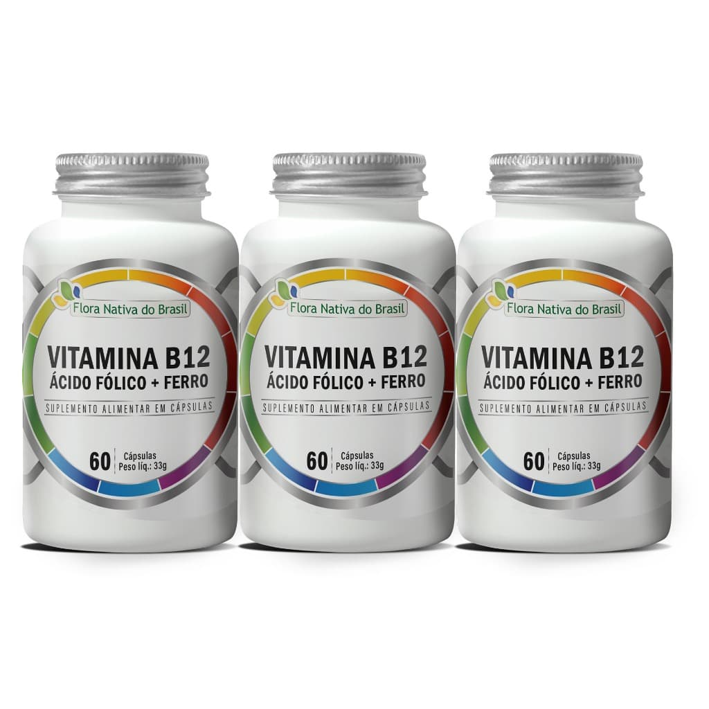 3x Ferro + Ácido Fólico + Vitamina B12 Metilcobalamina 100% Puro 180 Cápsulas 550mg - Flora Nativa do Brasil