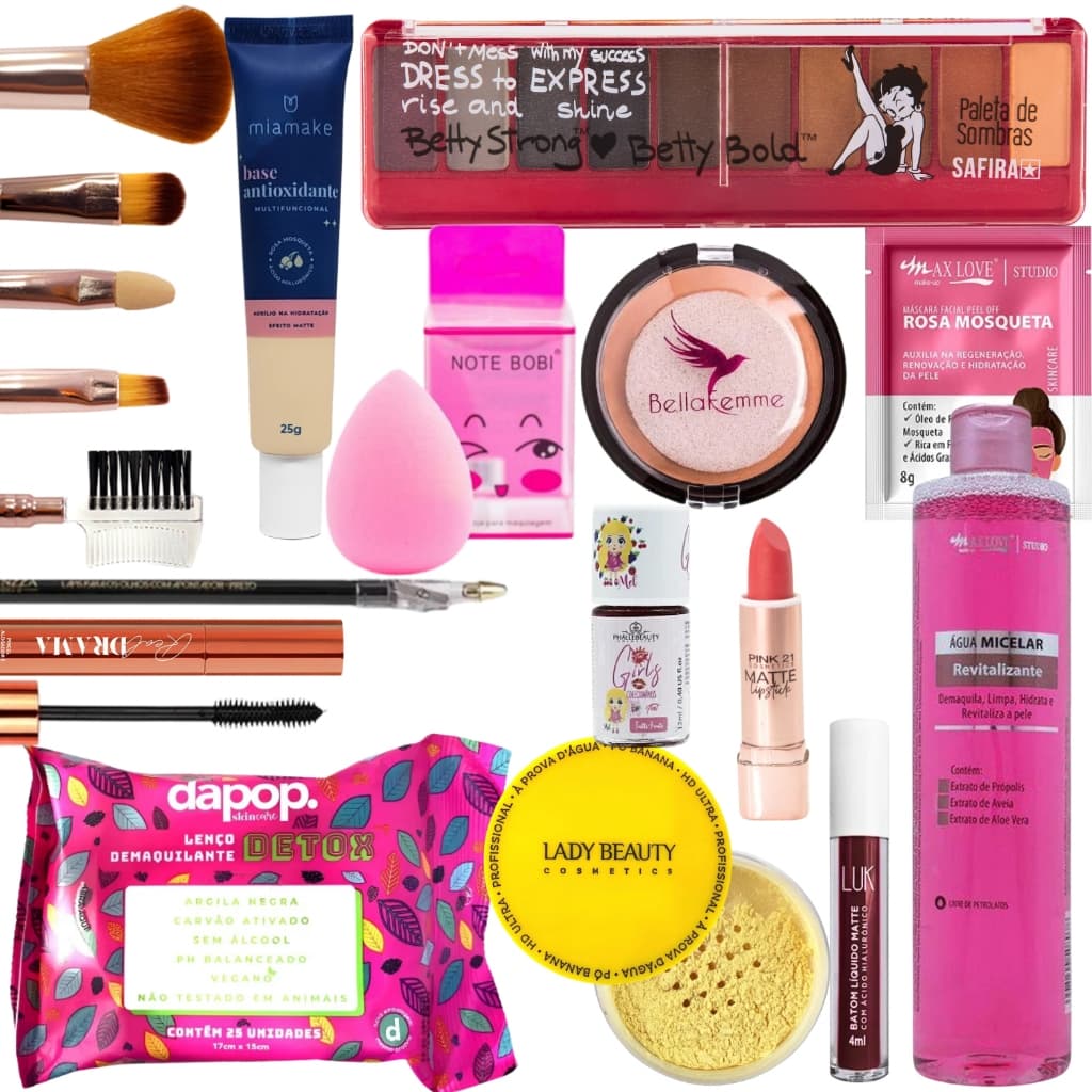 Kit De Maquiagem Completo Com Cesta de MDF Batom Pó Compacto Base Liquida