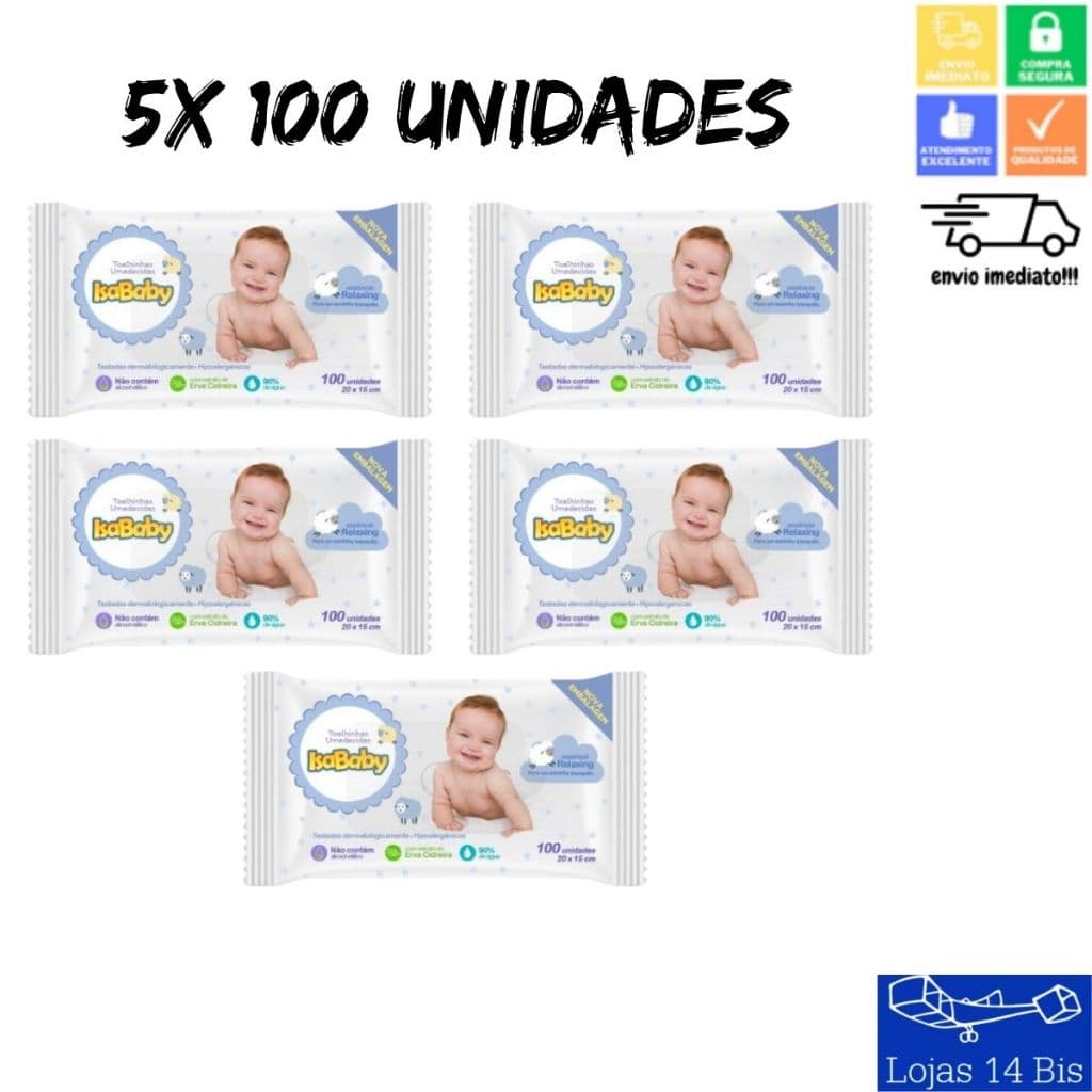 5 Toalhas Lenços Umedecidos Infantil Isababy Tradicional com 100 unidades