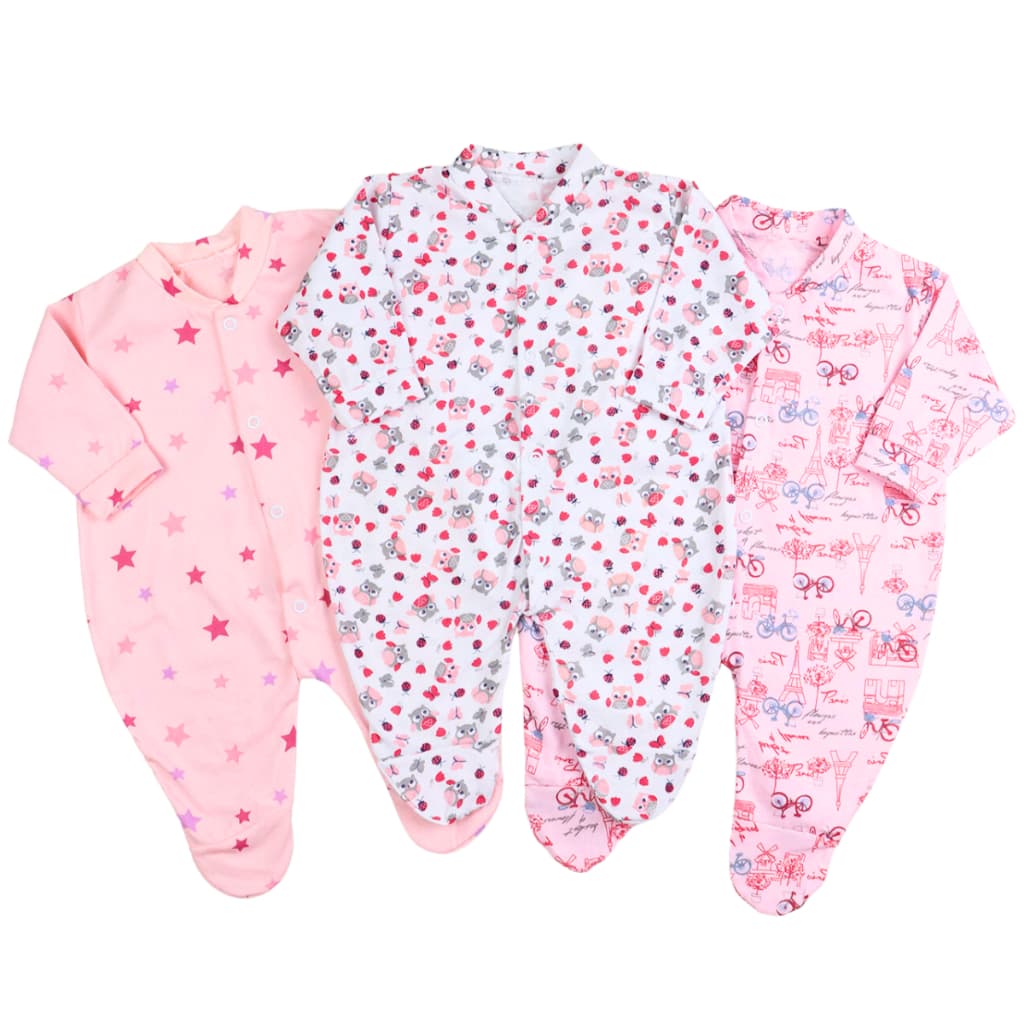 Kit 3 Peças Macacão Estampado para Bebê com Pé - 100% algodão Menina e Menino Roupa de Bebê RN/P/M/G