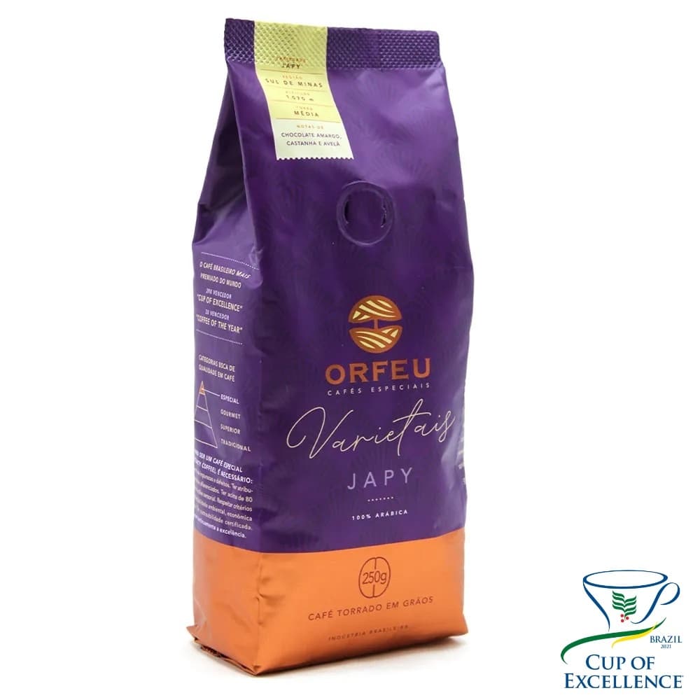 Café Torrado em grãos Linha Especial Japy 250g Orfeu Notas de Chocolate Amargo Avelã e Castanha