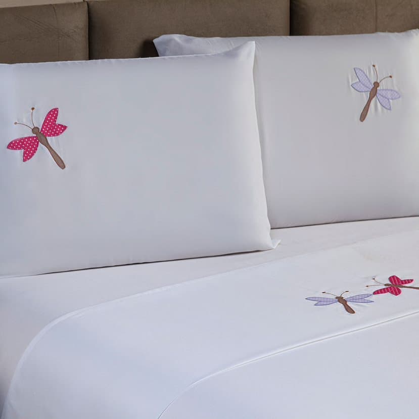 Jogo de Cama Bordado Libélula Queen 4 Peças Elegante Macio Conforto Luxo Enxoval Cama Casal Queen