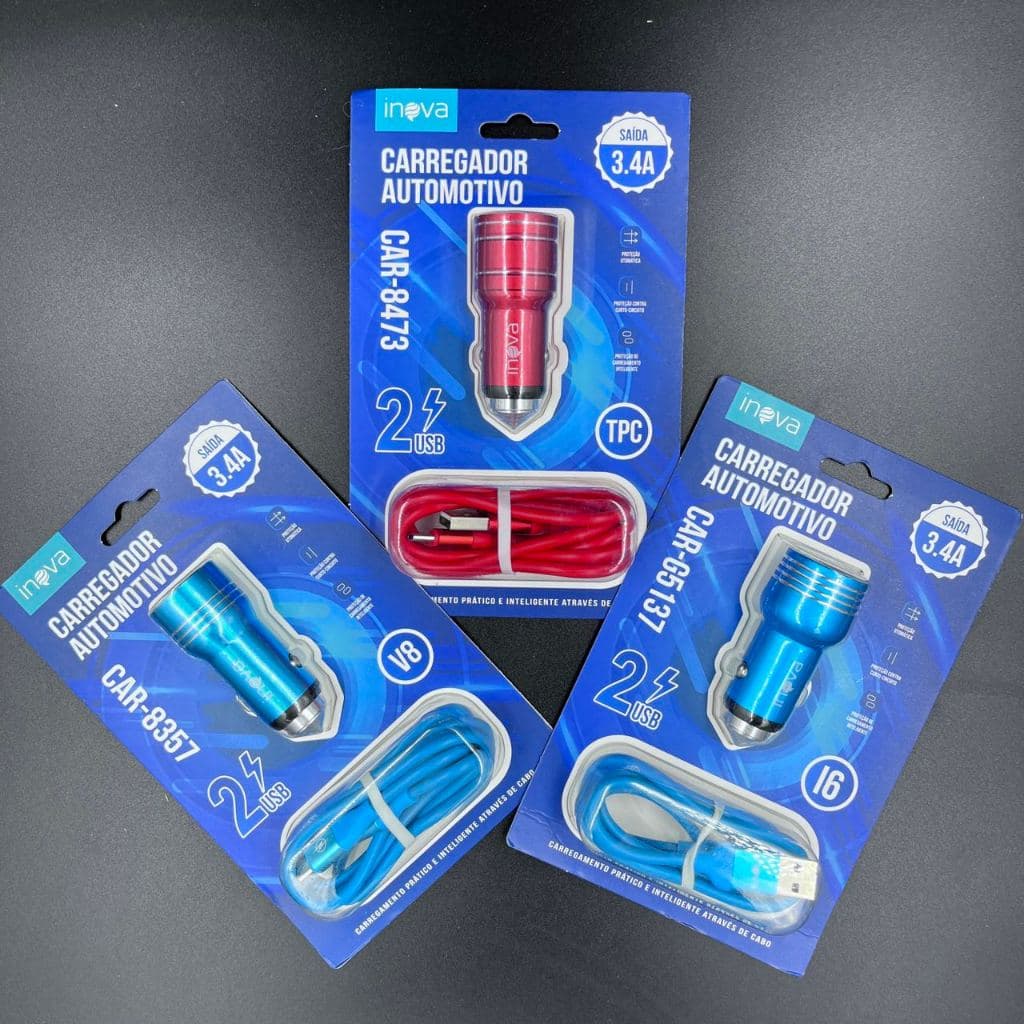 Kit 5pcs Carregador Veicular Cartela Inova Mini Usb V8 Android / Type C / iPhone 2USB 3.4A
