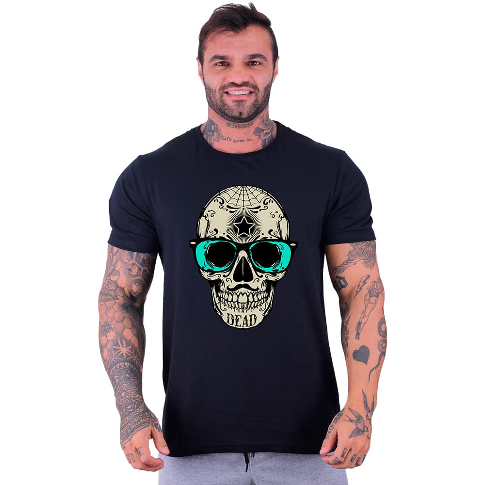 Camiseta Tradicional Masculina MXD Conceito Malha 30.1 Penteada Caveira Academia Halteres Básica