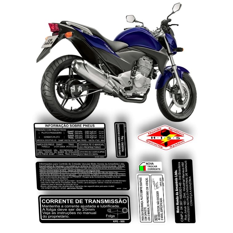 7 Adesivos de advertência Compatível  moto cb 300cc / kit completo para a  moto / etiquetas envernizadas