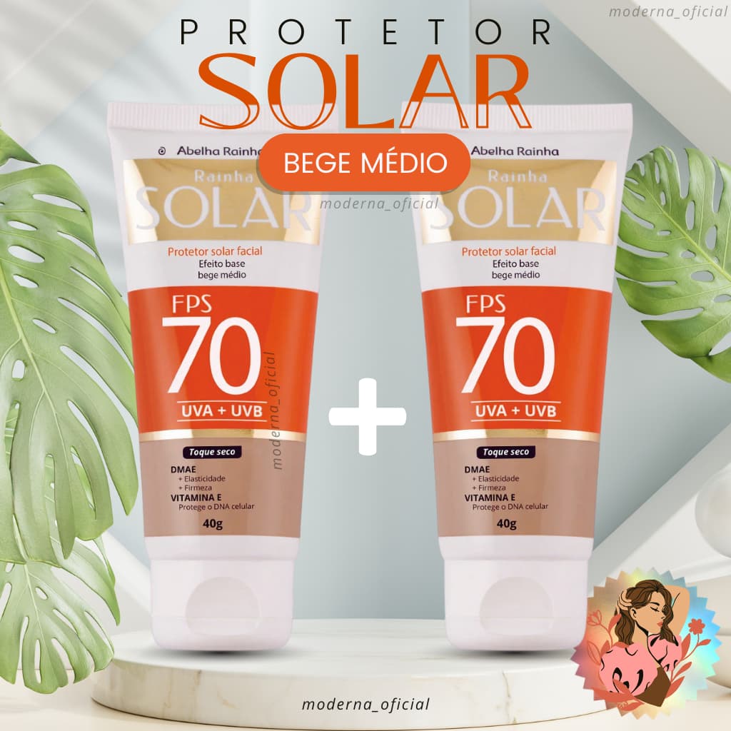 Kit Com 2 Protetor Solar Facial Cor De Base Bege Médio FPS 70 com Vitamina E e DMAE Abelha Rainha Rainha Solar 40g