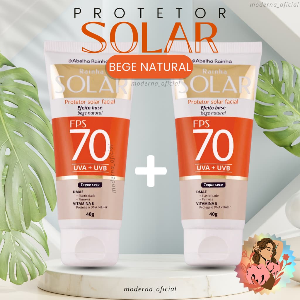 Kit Com 2 Protetor Solar Facial Cor De Base Bege Natural FPS 70 com Vitamina E e DMAE Abelha Rainha Rainha Solar 40g