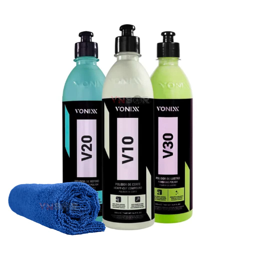 Kit Polidores V10 V20 V30 Vonixx 500ml Polidor Verniz Asiatico Corte Lustro Refino Composto Polidor Polimento Completo Agressivo Medio Suave Polir Carros Compostos