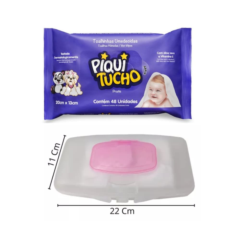 Porta lenço umedecido Menina + Lenço umedecido Piquitucho 48 Unidades.