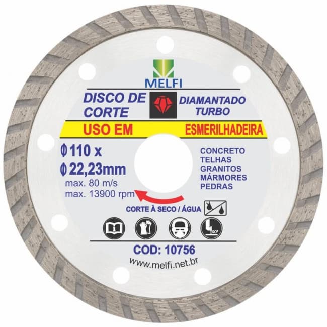 Kit de Disco Diamantado Turbo 110 x 22,23mm P/ ESMERILHADEIRA C/ Anel de Redução 20mm e 16mm Atacado