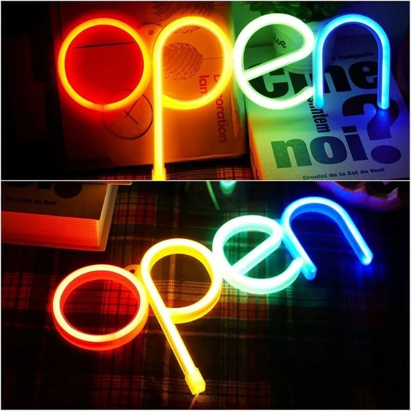 Luminária LED Sinal de néon 28cm × 12cm aberto LED Night Light, Luminoso, Decoração iluminada colorida, letras brilhantes luzes para janela, bar, padaria, barbearia, hotel, cafeteria