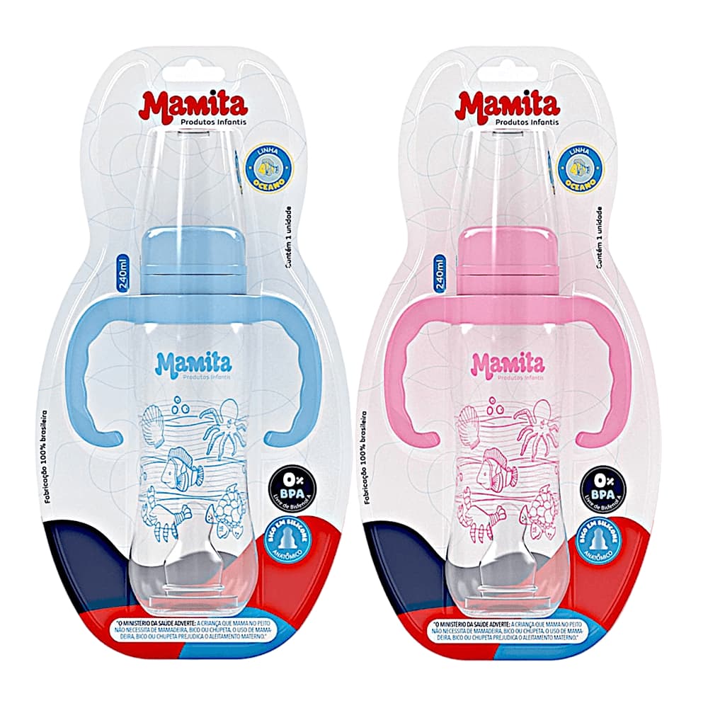 Mamadeira com Alça 240ml Mamita – Bico de Silicone Anatômico Anticólica Bebê Livre de BPA