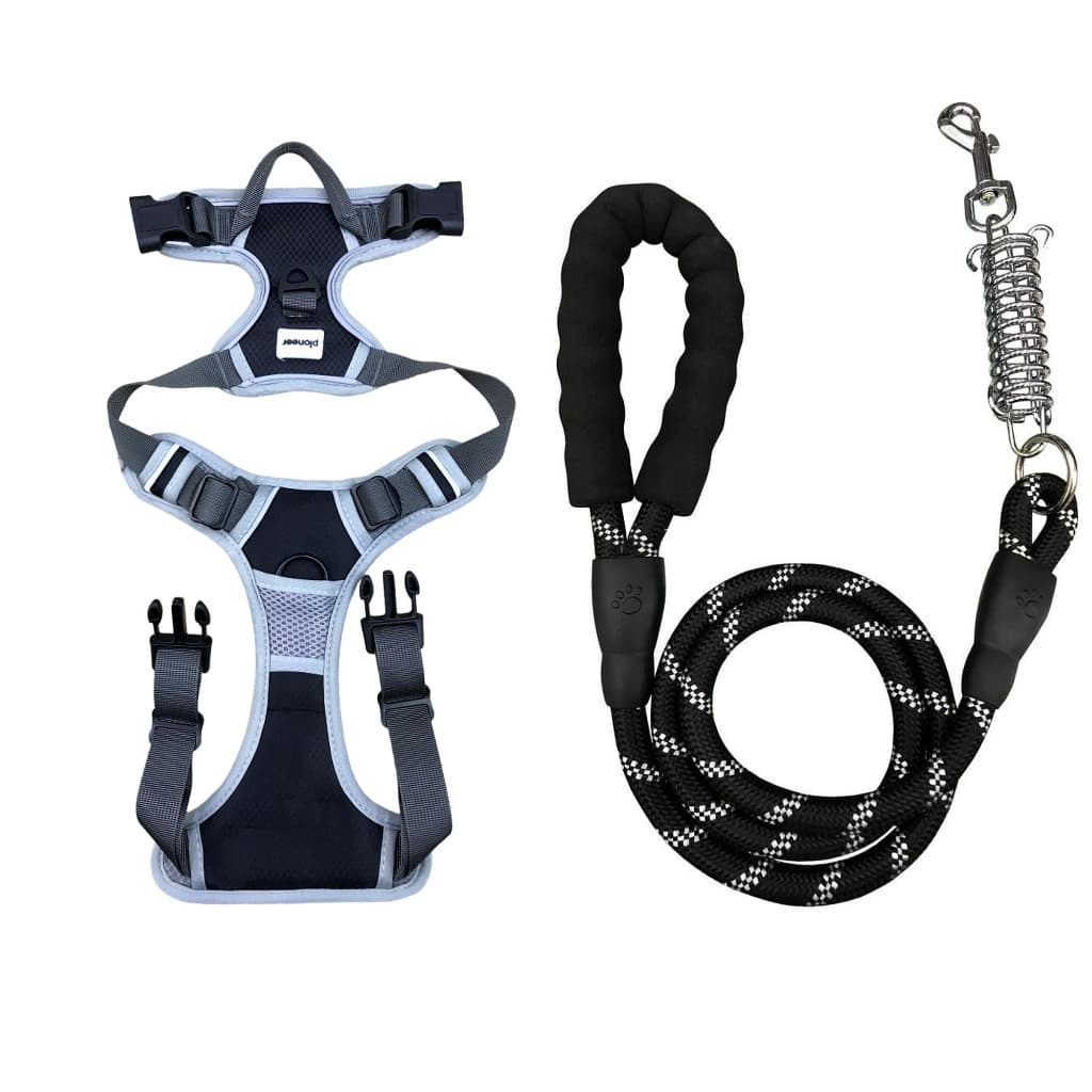 Kit Guia Reforçada Mola Amortecedora + Peitoral Coleira com Regulagem e Faixa Reflexiva Passeio Cão Grande/Médio Porte