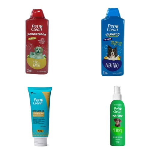 Experimente o Kit de Cuidados Essenciais Pet Clean para Cães e Gatos: Shampoo Neutro, Condicionador, Máscara 400g e Perfume Filhote. Uma Experiência de Frescor e Bem-Estar para Seu Pet