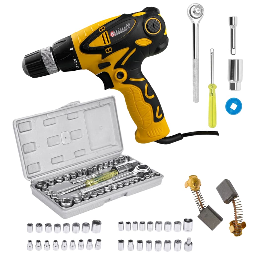 Parafusadeira Elétrica Nakasaki 400w E Jogo Chave Soquete Com Catraca Reversível 40 Pcs Sextavados